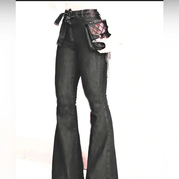 Women’s High-Rise Bell-Bottom Black Denim Jeans Flare Wide Leg & Belt-Med - Picture 3 of 13